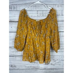 Ember Yellow Babydoll Floral Top Fairy Boho Forest Peasant 3/4 Sleeves Tiered